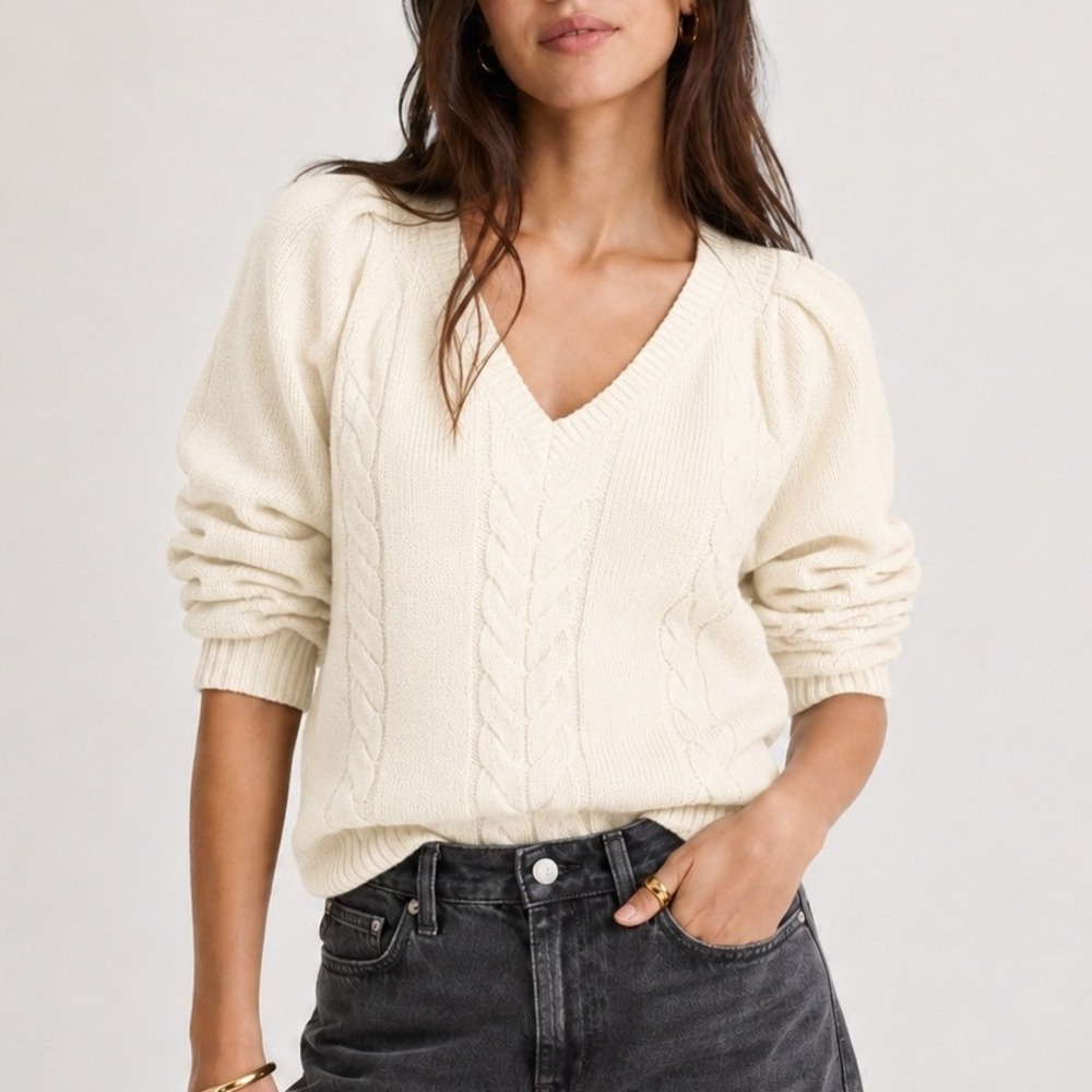 Madewell V Neck Pullover Sweater Merino Wool Cable Knit Cream NY444 XXS NWT FLAW